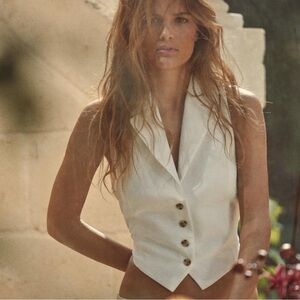 ZARA White Linen Blend Tailored Vest Sleeveless Button Front Size S